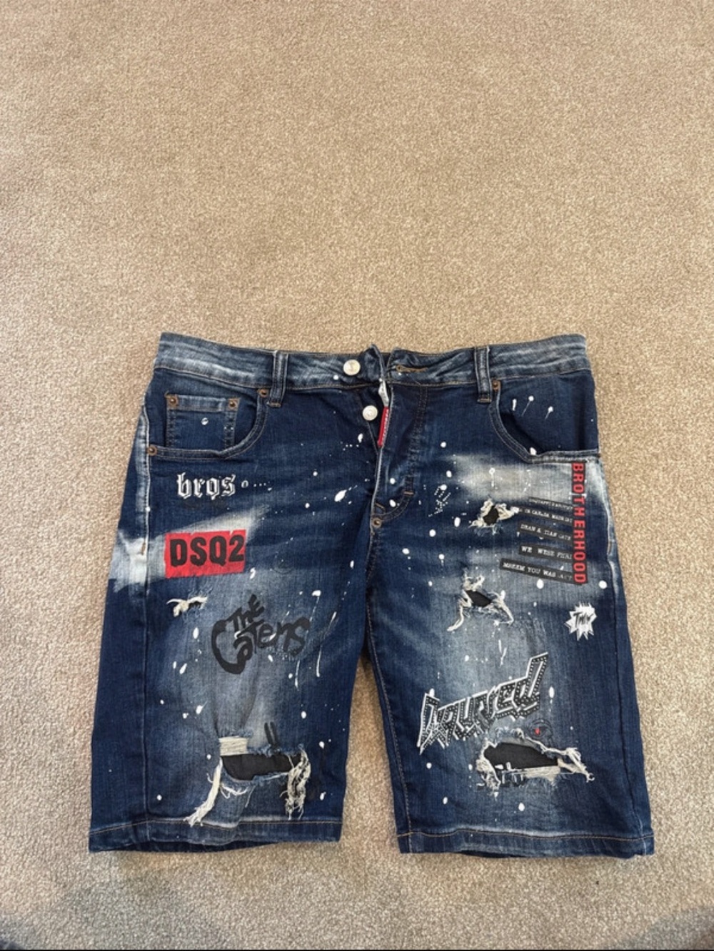 DSQUARED2 Dark Blue Distressed Graphic Denim Shorts